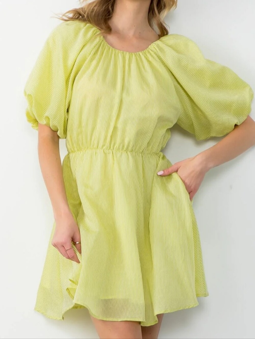 THML Lime Light Striped Puff Sleeve Mini Dress Yellow Medium M